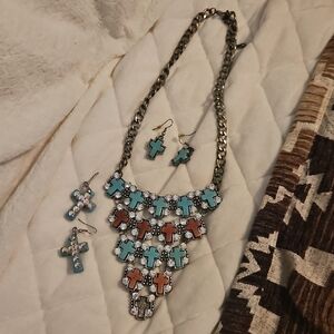 Multicolor Cross Pendant Necklace and Earring Set